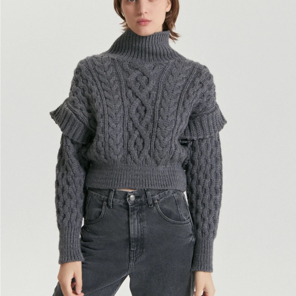Gray Cable Knit Turtleneck Sweater